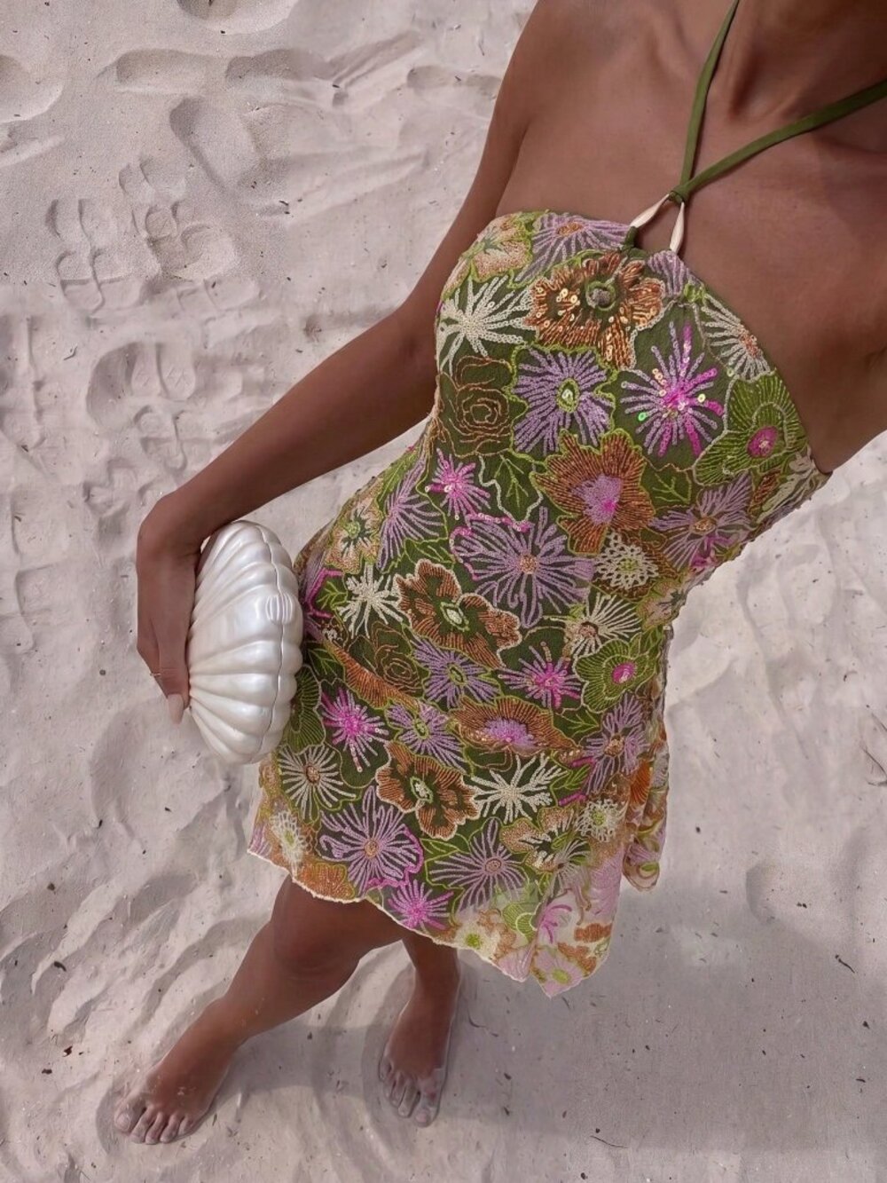 Green Casual Women's Halter Neck Asymmetrical Hem Sequin Mini Sundress - Picture 5 of 8